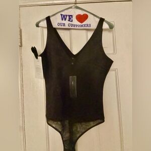 NWT Bcbg Maxazria Women’s black Mya thong bodysuit suede like material on top S